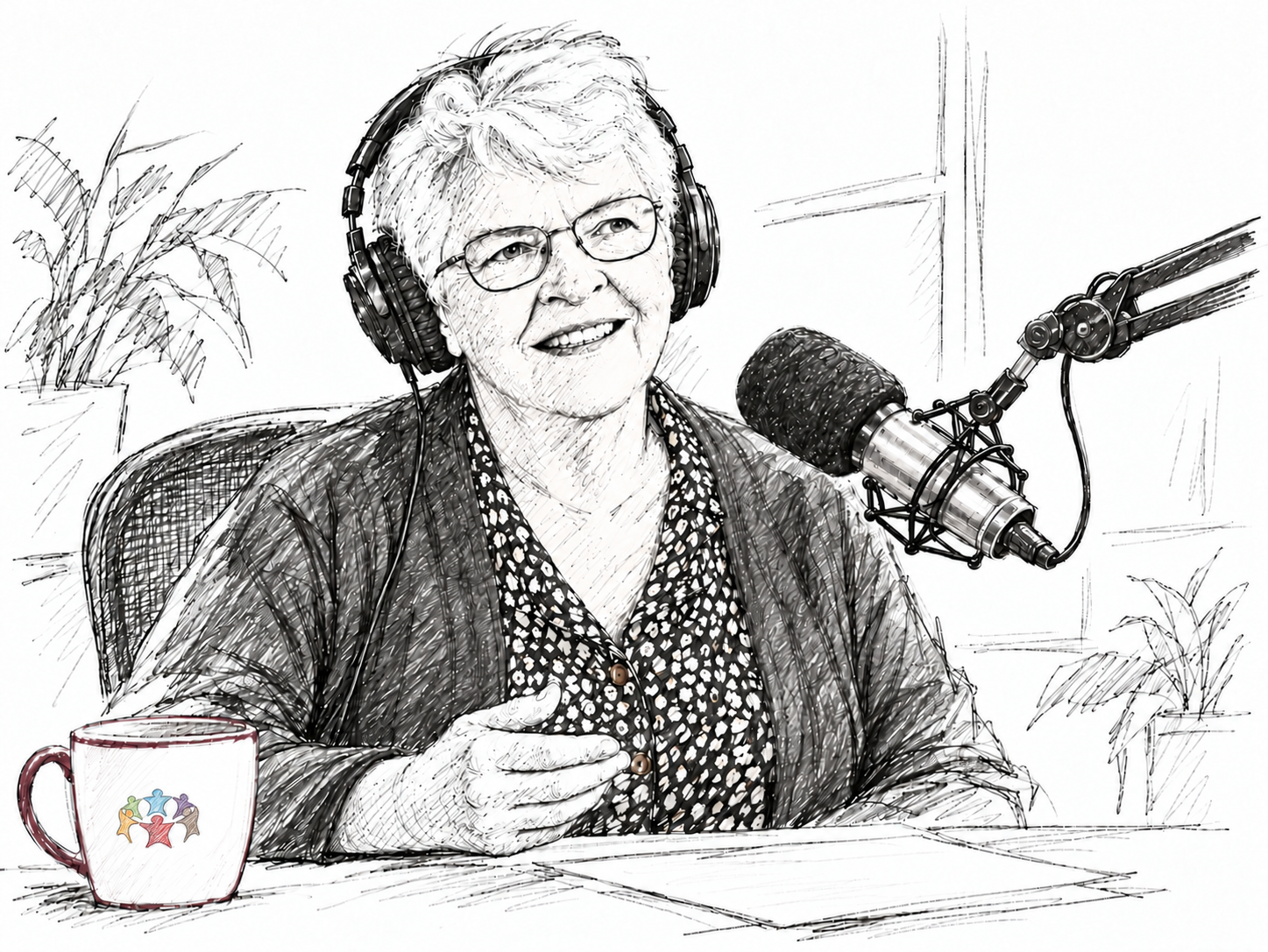 Sketch of Brenda Robinson wearing headphones and speaking into a studio microphone.